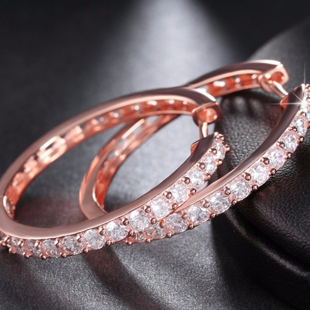 NEW 18K Rose Gold 1.25'' Diamond Hoop Earrings - Picture 2 of 4